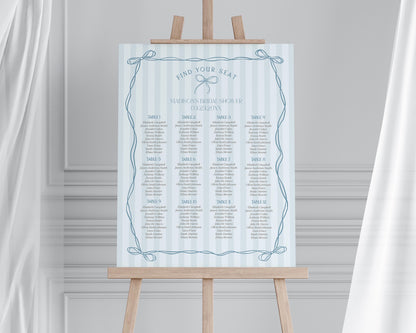 Blue Coquette Bow Seating Chart Cards Template, Pastel Blue Baby Shower Theme Something Blue Before I Do Tying the Knot Bridal Shower WP1061