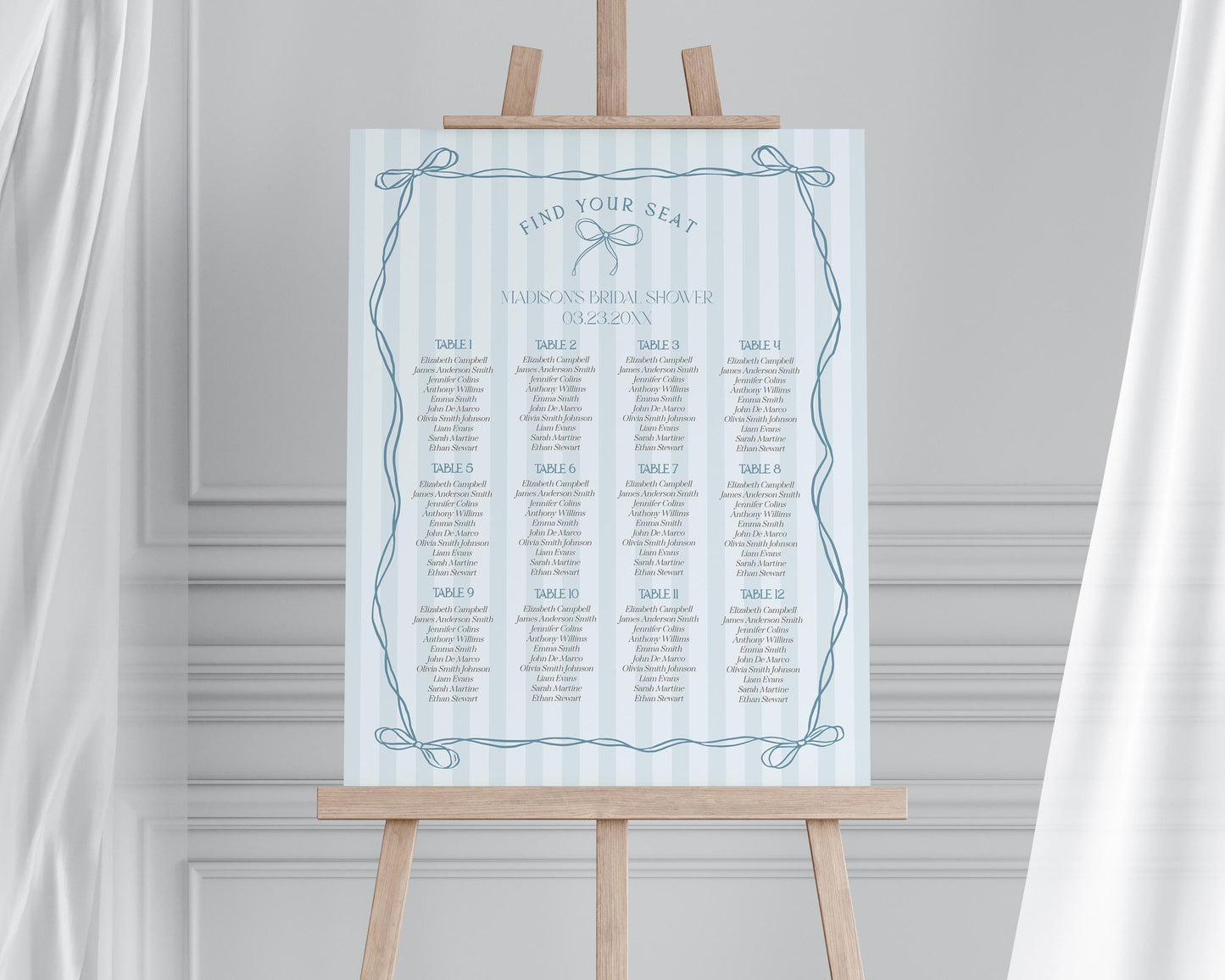 Blue Coquette Bow Seating Chart Template, Pastel Blue Baby Shower Theme, Something Blue Before I Do Tying the Knot Bridal Shower WP1061