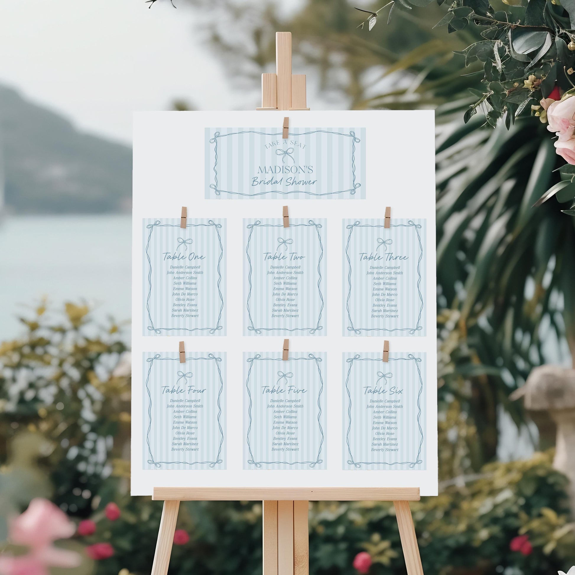 Blue Coquette Bow Seating Chart Template, Pastel Blue Baby Shower Theme, Something Blue Before I Do Tying the Knot Bridal Shower WP1061
