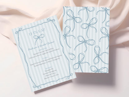 Blue Coquette Bow Menu Template, Pastel Blue Baby Shower Theme, Something Blue Before I Do Tying the Knot Bridal Shower, Bow Birthday WP1061