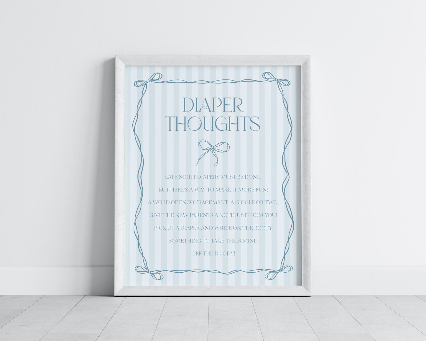 Blue Coquette Bow Baby Shower Diaper Thoughts Sign Template, Pastel Blue Grandmillennial Theme Baby Sprinkle Whimsical Hand Drawn Bow WP1061