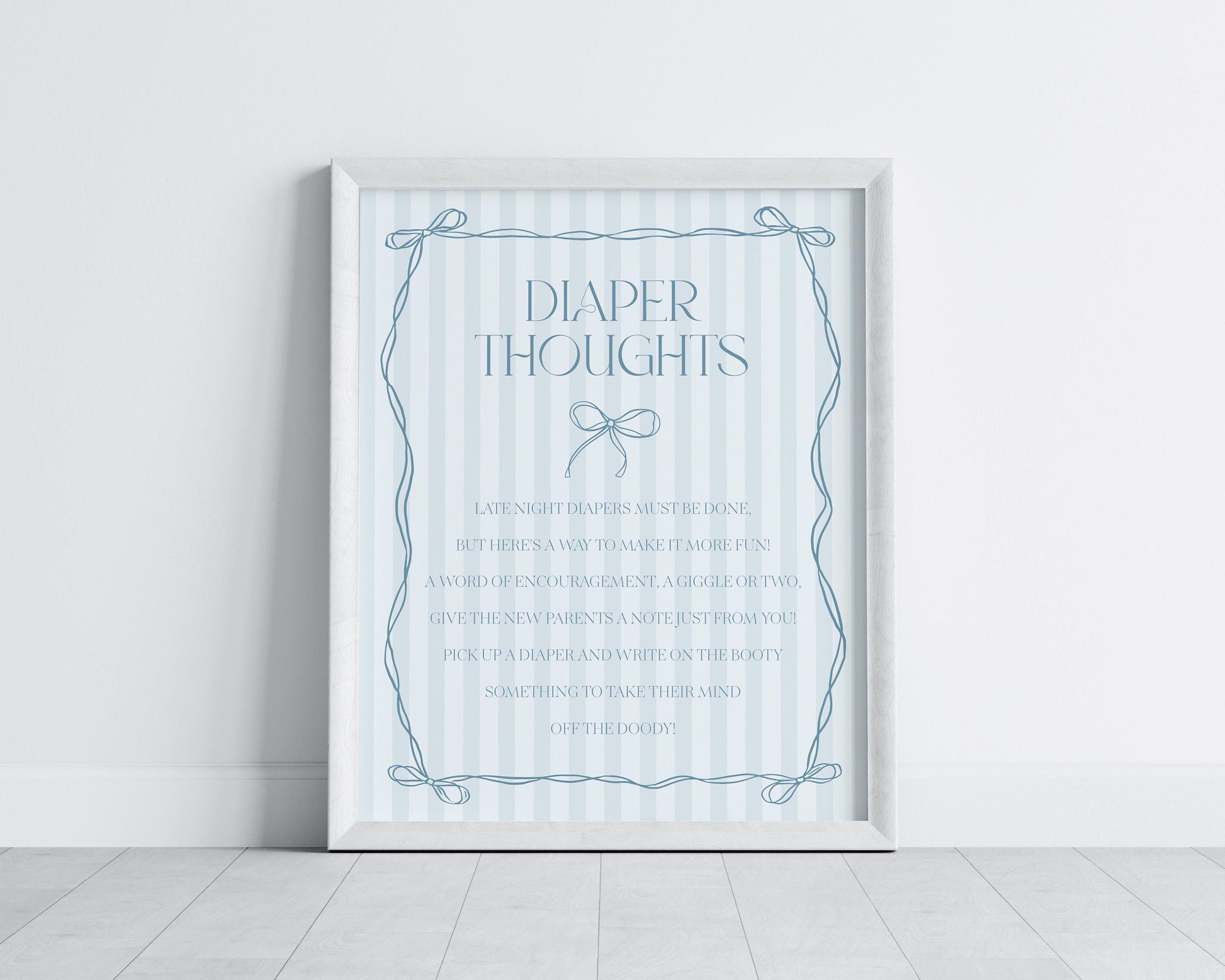 Blue Coquette Bow Baby Shower Diaper Thoughts Sign Template, Pastel Blue Grandmillennial Theme Baby Sprinkle Whimsical Hand Drawn Bow WP1061