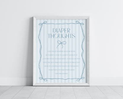 Blue Coquette Bow Baby Shower Diaper Thoughts Sign Template, Pastel Blue Grandmillennial Theme Baby Sprinkle Whimsical Hand Drawn Bow WP1061