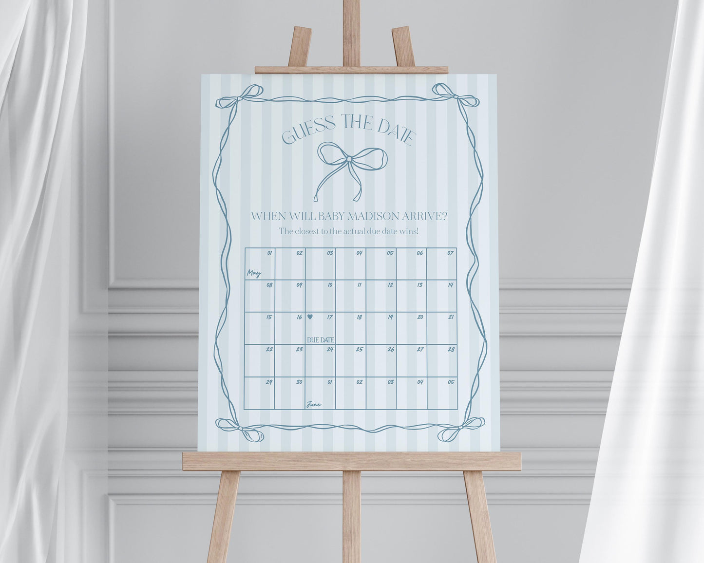 Blue Coquette Bow Baby Shower Guess the Date Game Template, Pastel Blue Grandmillennial Theme Baby Sprinkle Whimsical Hand Drawn Bows WP1061