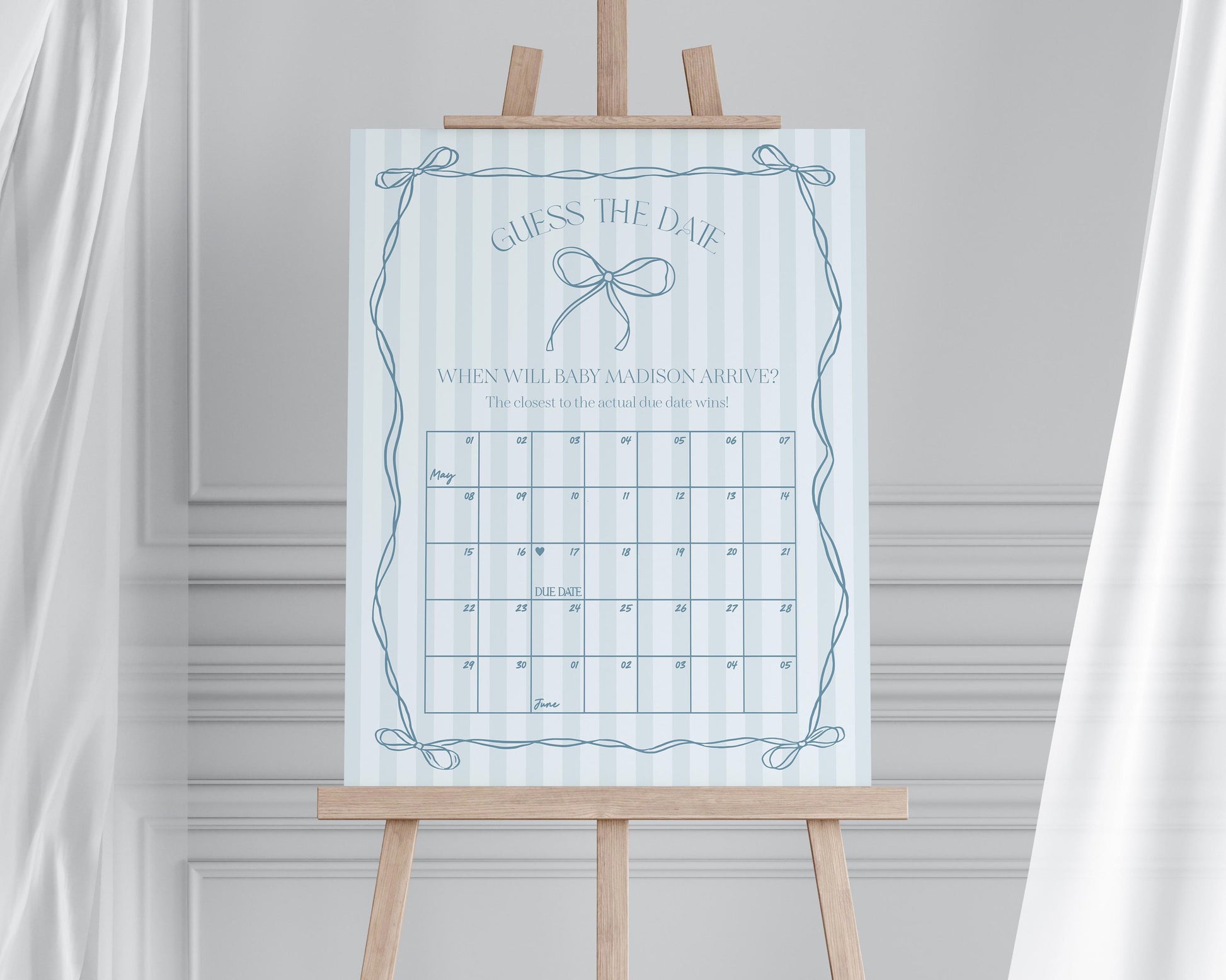 Blue Coquette Bow Baby Shower Guess the Date Game Template, Pastel Blue Grandmillennial Theme Baby Sprinkle Whimsical Hand Drawn Bows WP1061