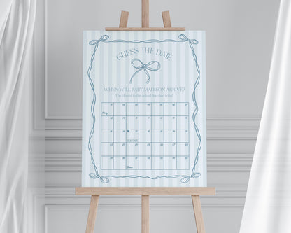 Blue Coquette Bow Baby Shower Guess the Date Game Template, Pastel Blue Grandmillennial Theme Baby Sprinkle Whimsical Hand Drawn Bows WP1061
