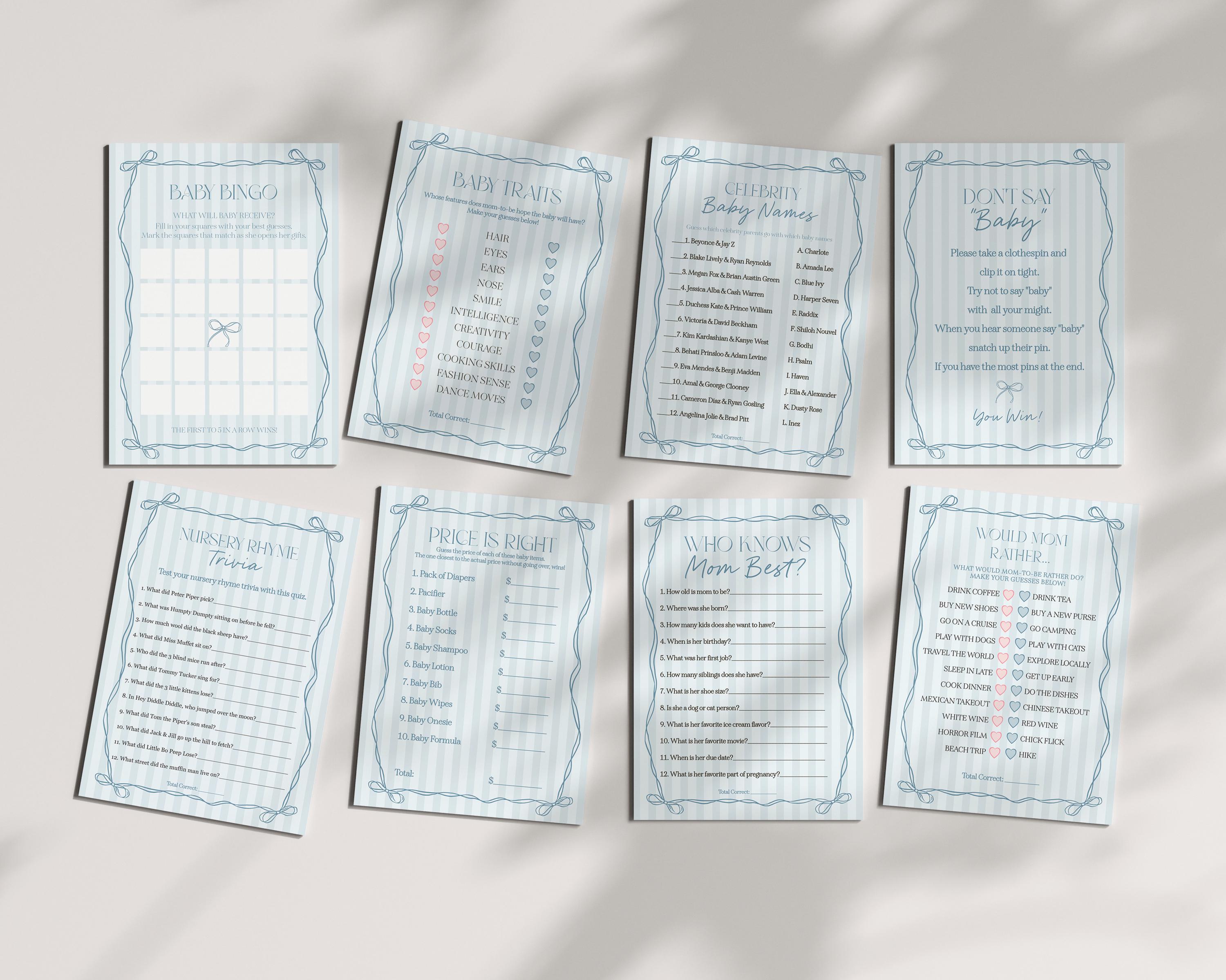 Blue Coquette Bow Baby Shower Games Template, Pastel Blue Grandmillennial Theme Baby Sprinkle with Whimsical Hand Drawn Bows WP1061