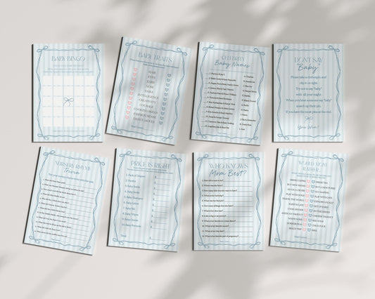 Blue Coquette Bow Baby Shower Games Template, Pastel Blue Grandmillennial Theme Baby Sprinkle with Whimsical Hand Drawn Bows WP1061
