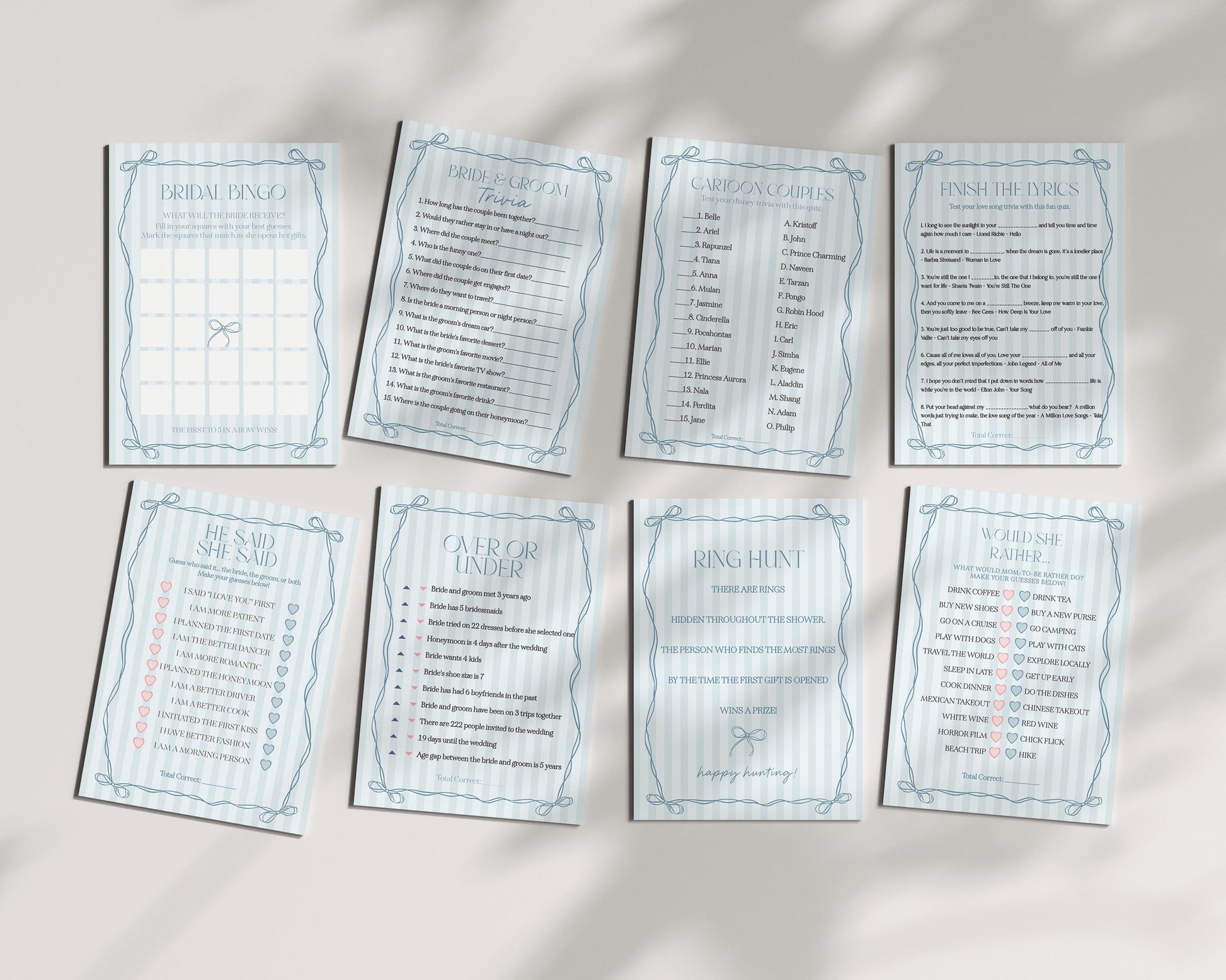 Blue Coquette Bow Bridal Shower Games Set Template, Pastel Something Blue Before I Do Bridal Brunch with Whimsical Tying The Knot Bow WP1061