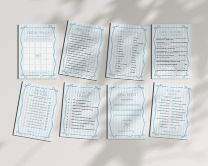 Blue Coquette Bow Bridal Shower Games Set Template, Pastel Something Blue Before I Do Bridal Brunch with Whimsical Tying The Knot Bow WP1061