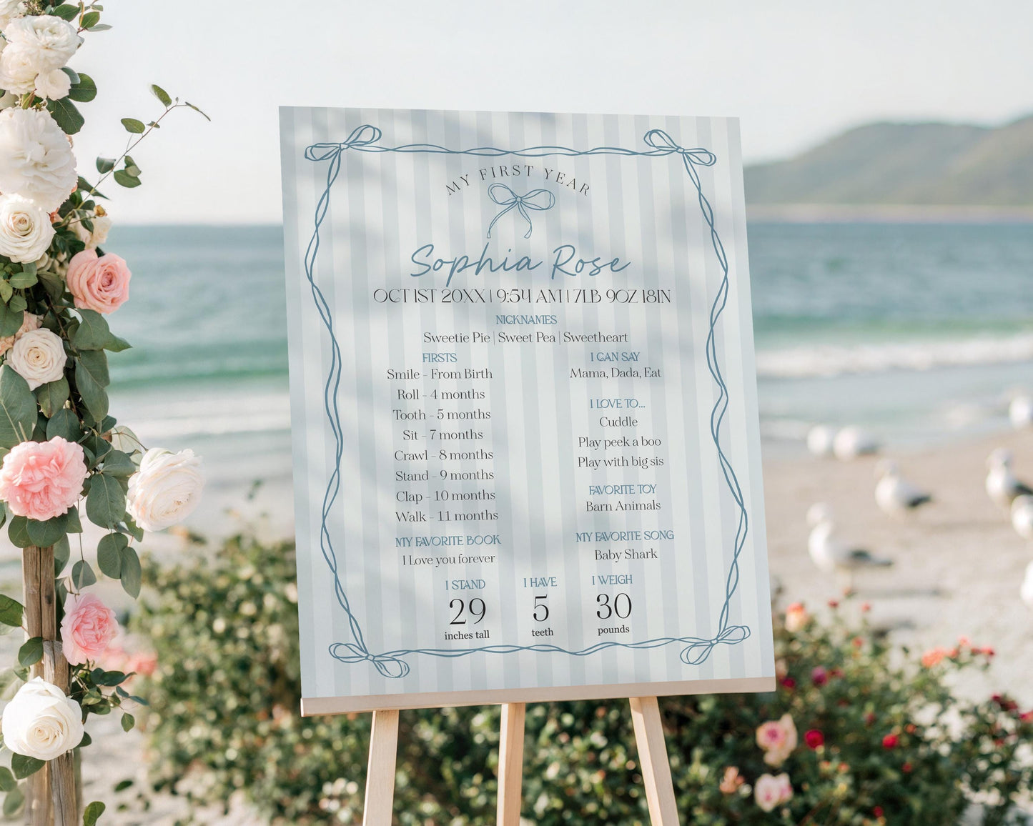 Blue Coquette Bow First Year Milestone Sign Template, Pastel Blue Grandmillennial Theme 1st Birthday Party Whimsical Hand Drawn Bows WP1061