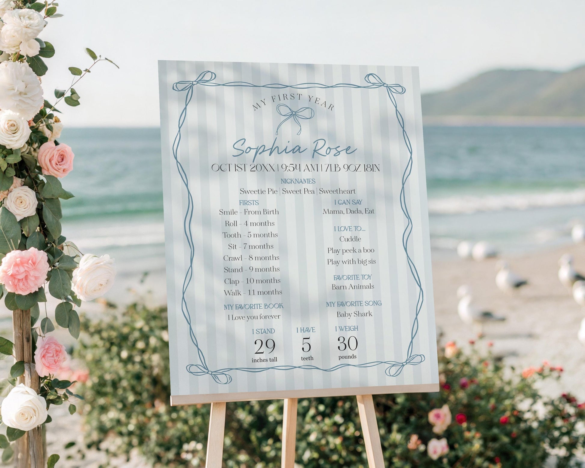 Blue Coquette Bow First Year Milestone Sign Template, Pastel Blue Grandmillennial Theme 1st Birthday Party Whimsical Hand Drawn Bows WP1061