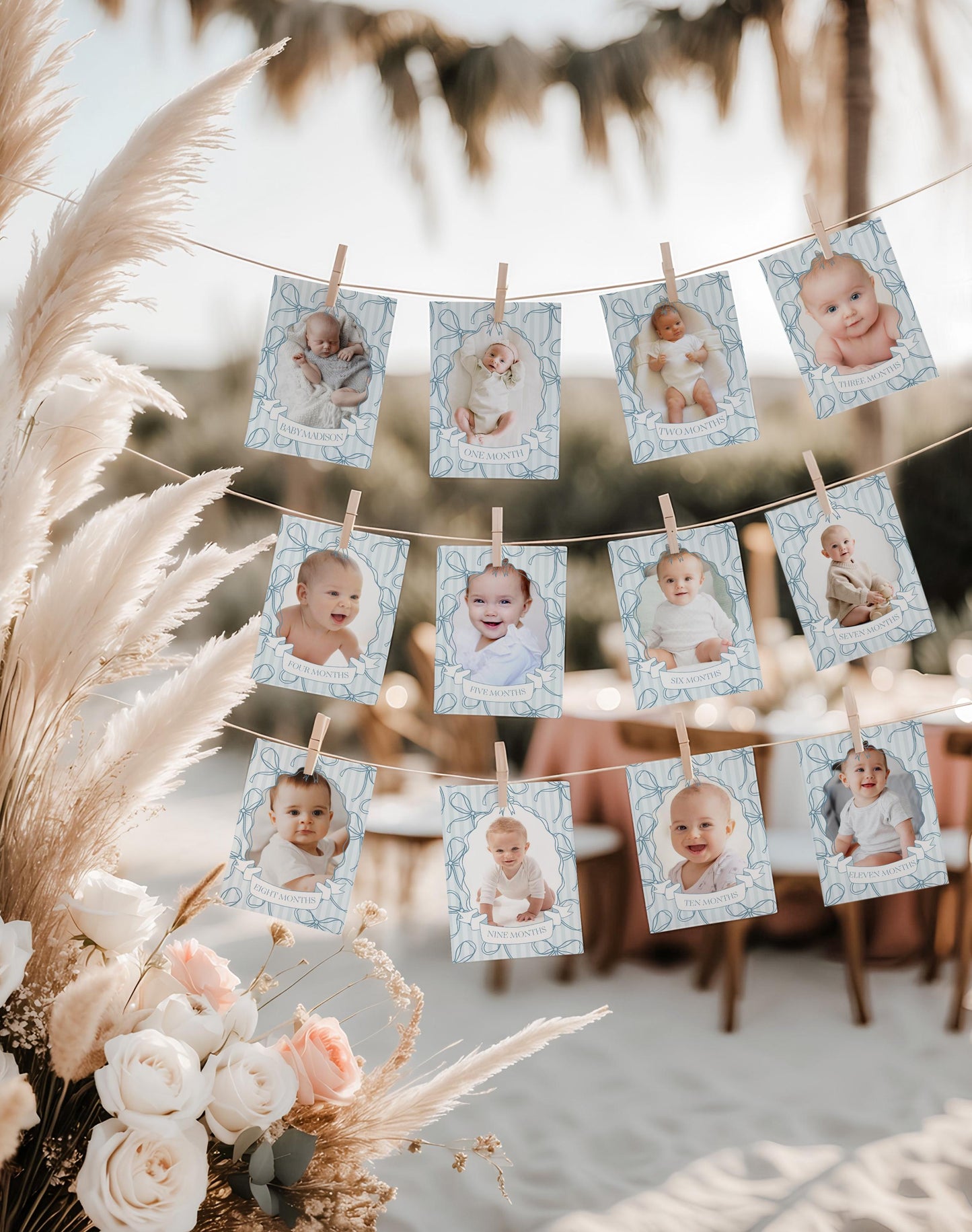 Blue Coquette Bow 1st Birthday Milestone Banner Template, Pastel Blue Grandmillennial Theme 1st Birthday Party Whimsical Bow WP1061