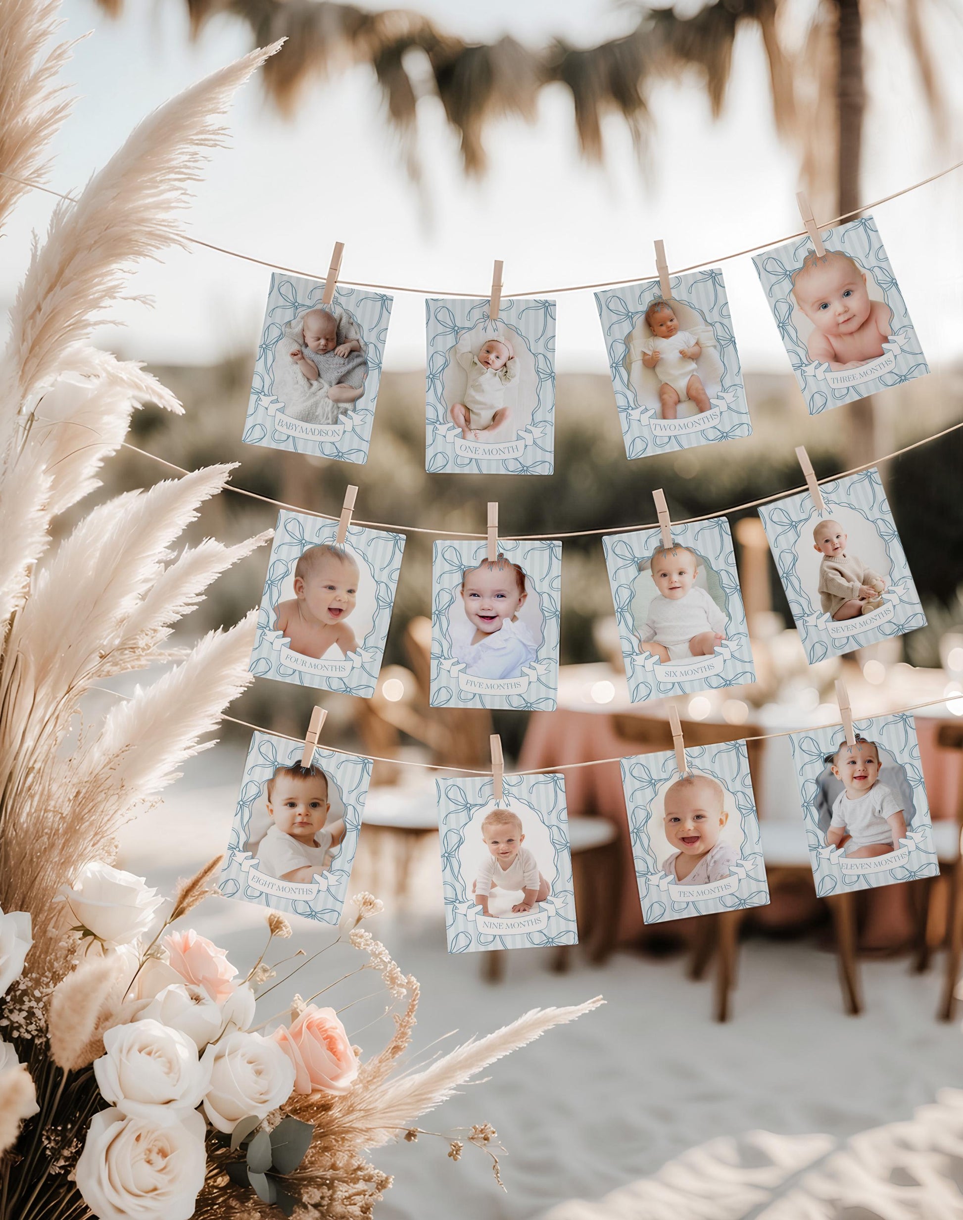 Blue Coquette Bow 1st Birthday Milestone Banner Template, Pastel Blue Grandmillennial Theme 1st Birthday Party Whimsical Bow WP1061