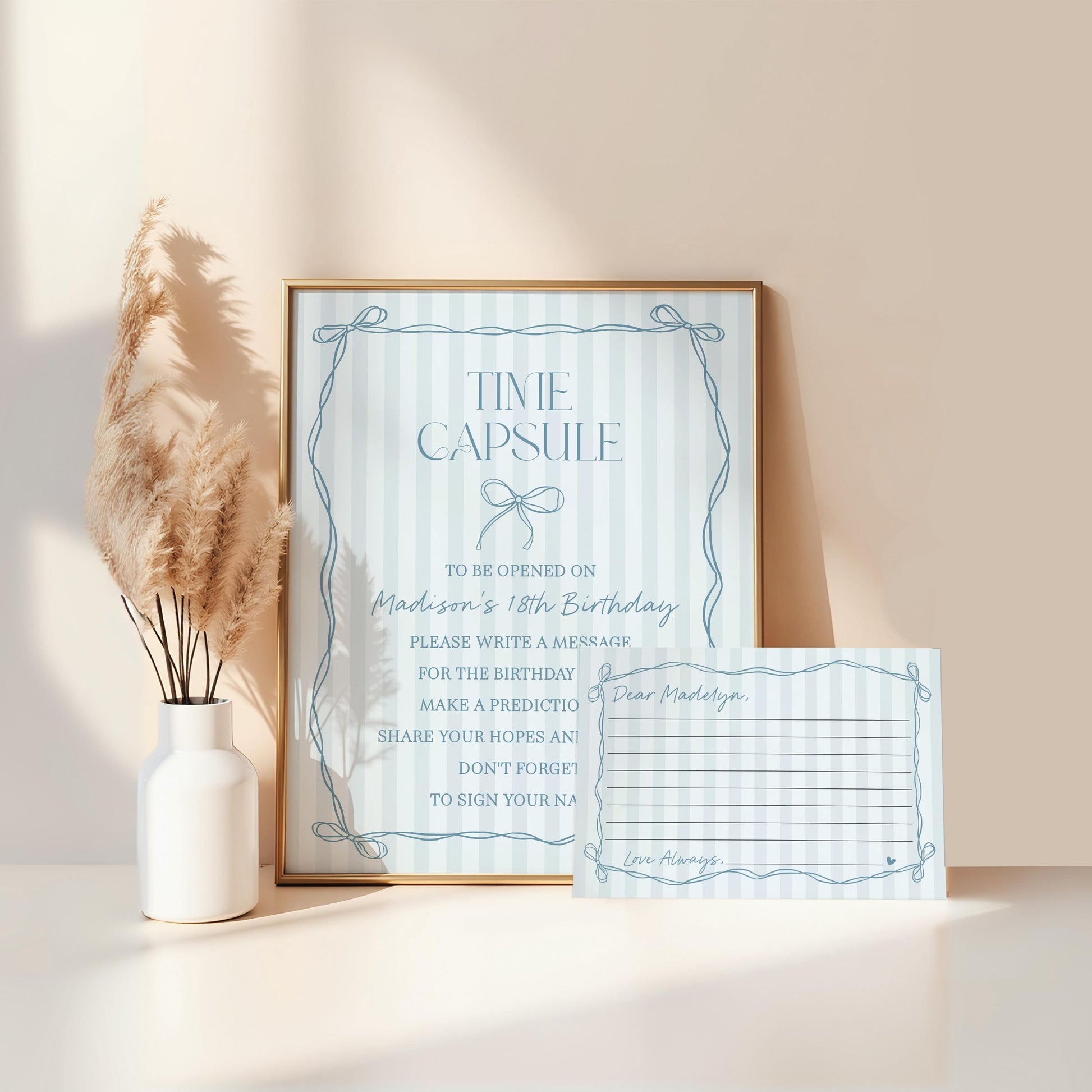 Blue Coquette Bow Time Capsule Template, Pastel Blue Grandmillennial Theme 1st Birthday Party with Whimsical Hand Drawn Bows WP1061