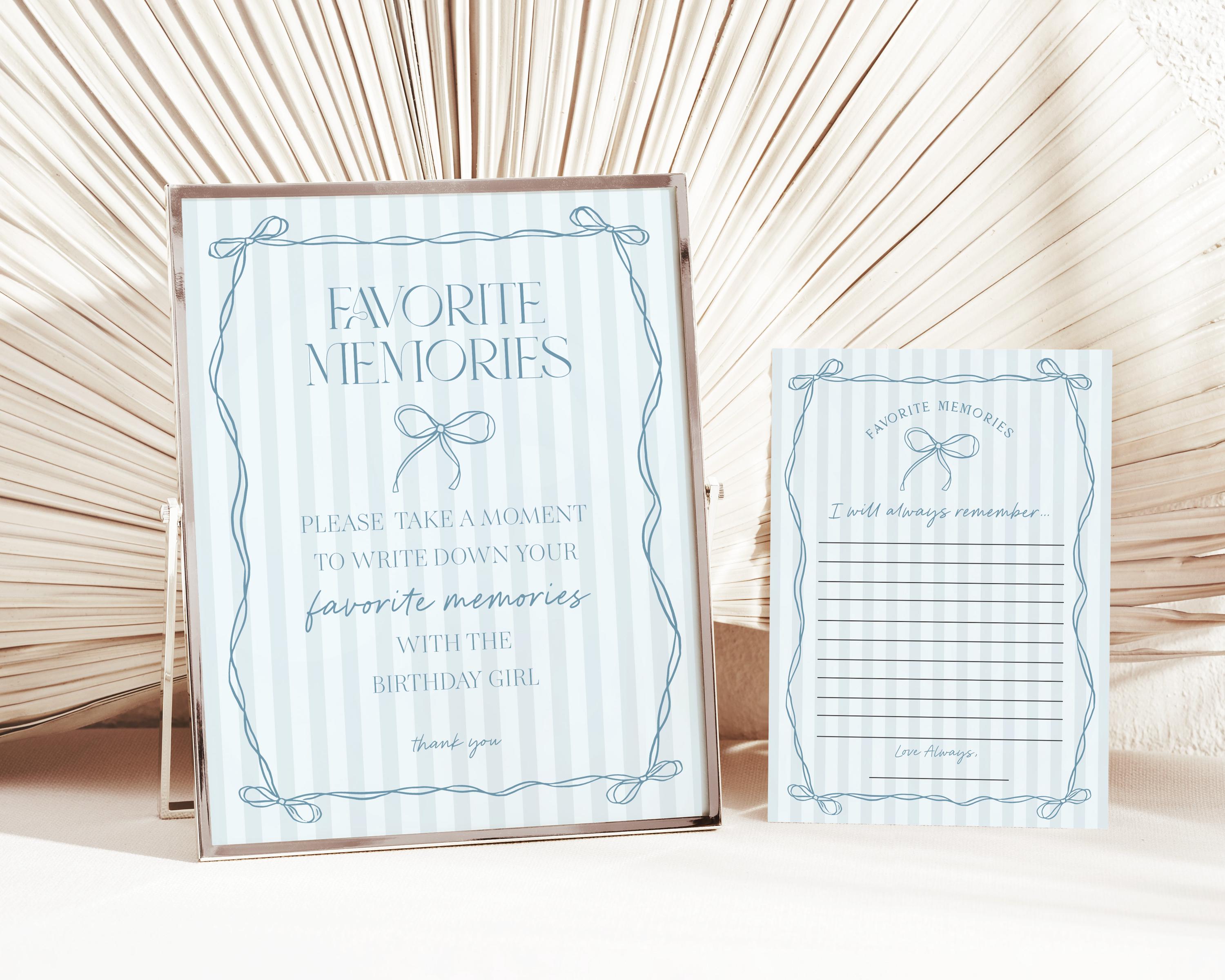Blue Coquette Bow Favorite Memories Birthday Girl Template, Pastel Blue Grandmillennial Theme Birthday Party Whimsical Hand Drawn Bow WP1061