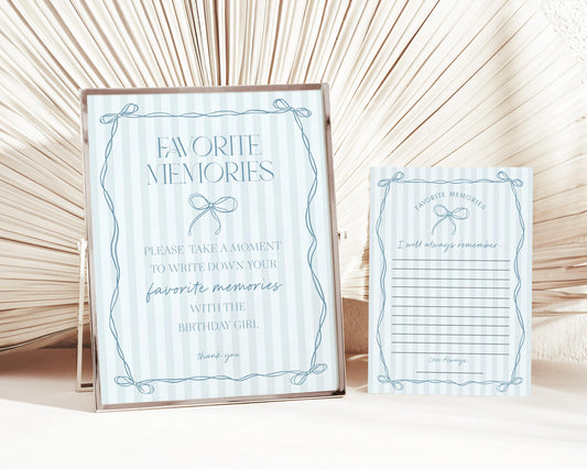 Blue Coquette Bow Favorite Memories Birthday Girl Template, Pastel Blue Grandmillennial Theme Birthday Party Whimsical Hand Drawn Bow WP1061