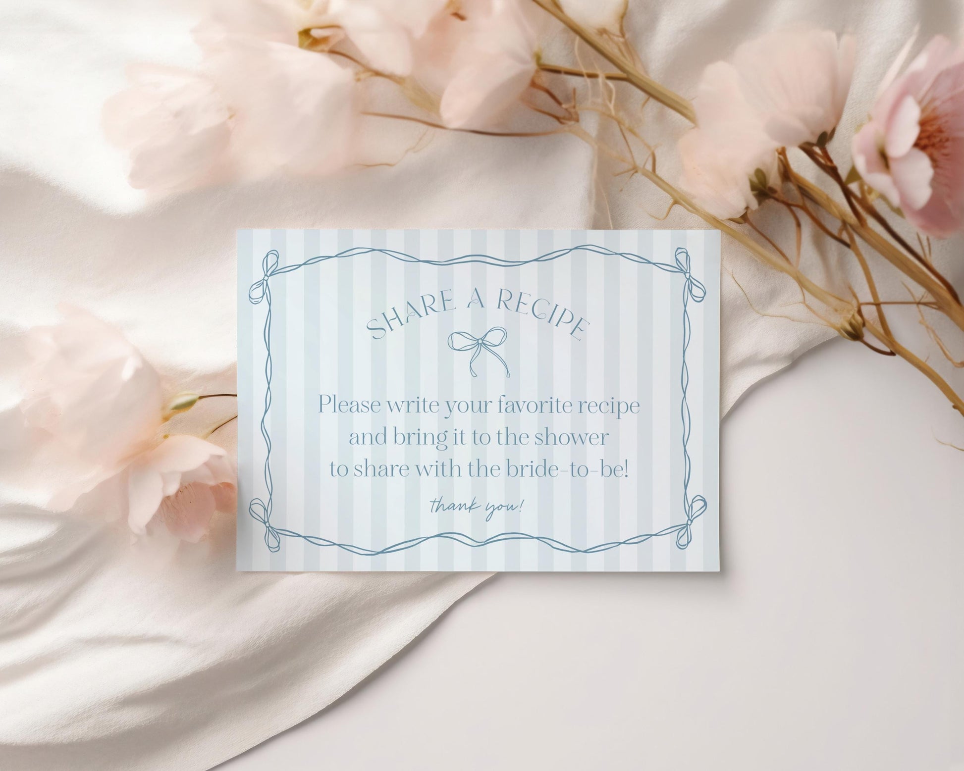 Blue Coquette Bow Recipe Card Template for Bridal Shower, Pastel Something Blue Before I Do Bridal Brunch Tying The Knot WP1061