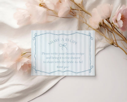 Blue Coquette Bow Recipe Card Template for Bridal Shower, Pastel Something Blue Before I Do Bridal Brunch Tying The Knot WP1061