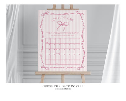 Pink Coquette Bow Baby Shower Bundle Template, Pastel Pink Grandmillennial Theme Baby Sprinkle with Whimsical Hand Drawn Bows WP1060
