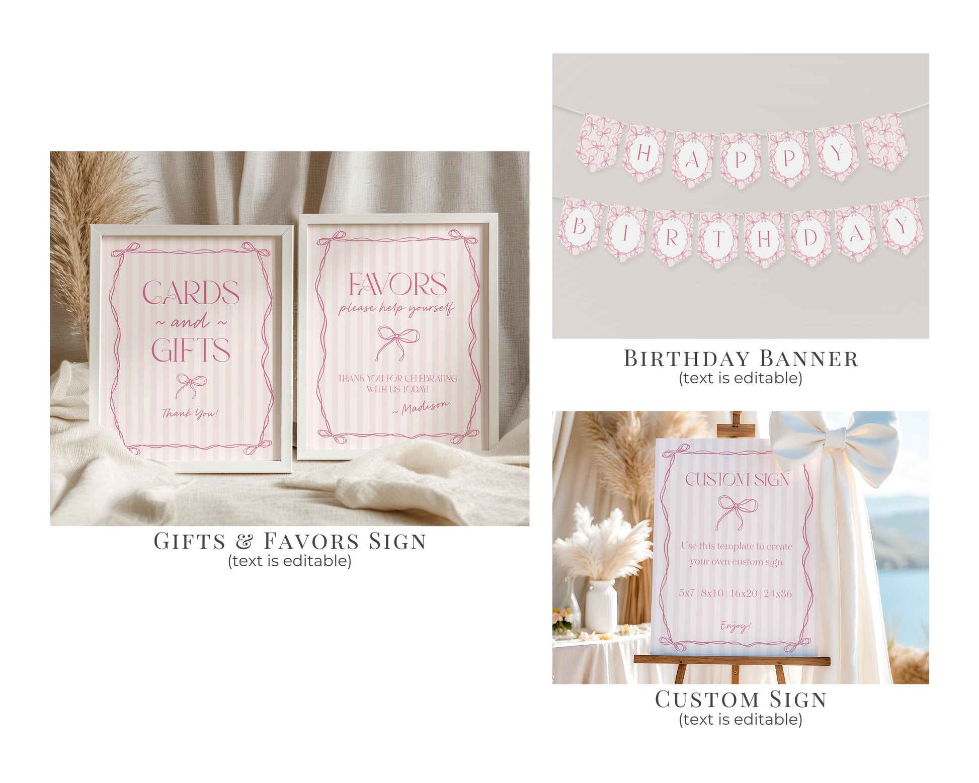 Pink Coquette Bow First Birthday Bundle Template, Pastel Pink Grandmillennial Theme 1st Birthday Party with Whimsical Hand Drawn Bows WP1060