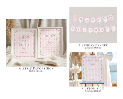 Pink Coquette Bow First Birthday Bundle Template, Pastel Pink Grandmillennial Theme 1st Birthday Party with Whimsical Hand Drawn Bows WP1060