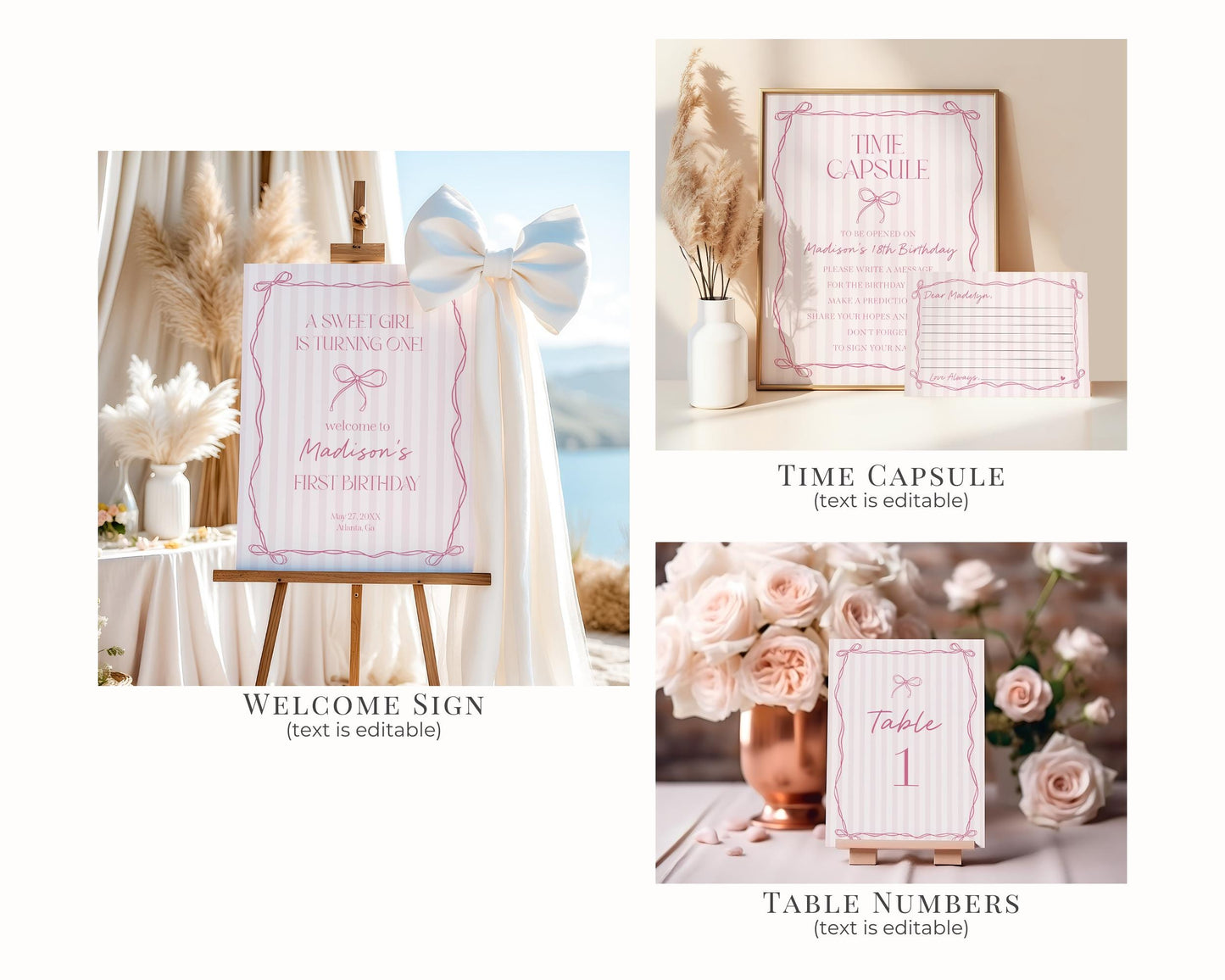 Pink Coquette Bow Birthday Bundle Template, Pastel Pink Grandmillennial Theme Birthday Party with Whimsical Hand Drawn Bows WP1060