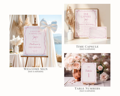 Pink Coquette Bow Birthday Bundle Template, Pastel Pink Grandmillennial Theme Birthday Party with Whimsical Hand Drawn Bows WP1060