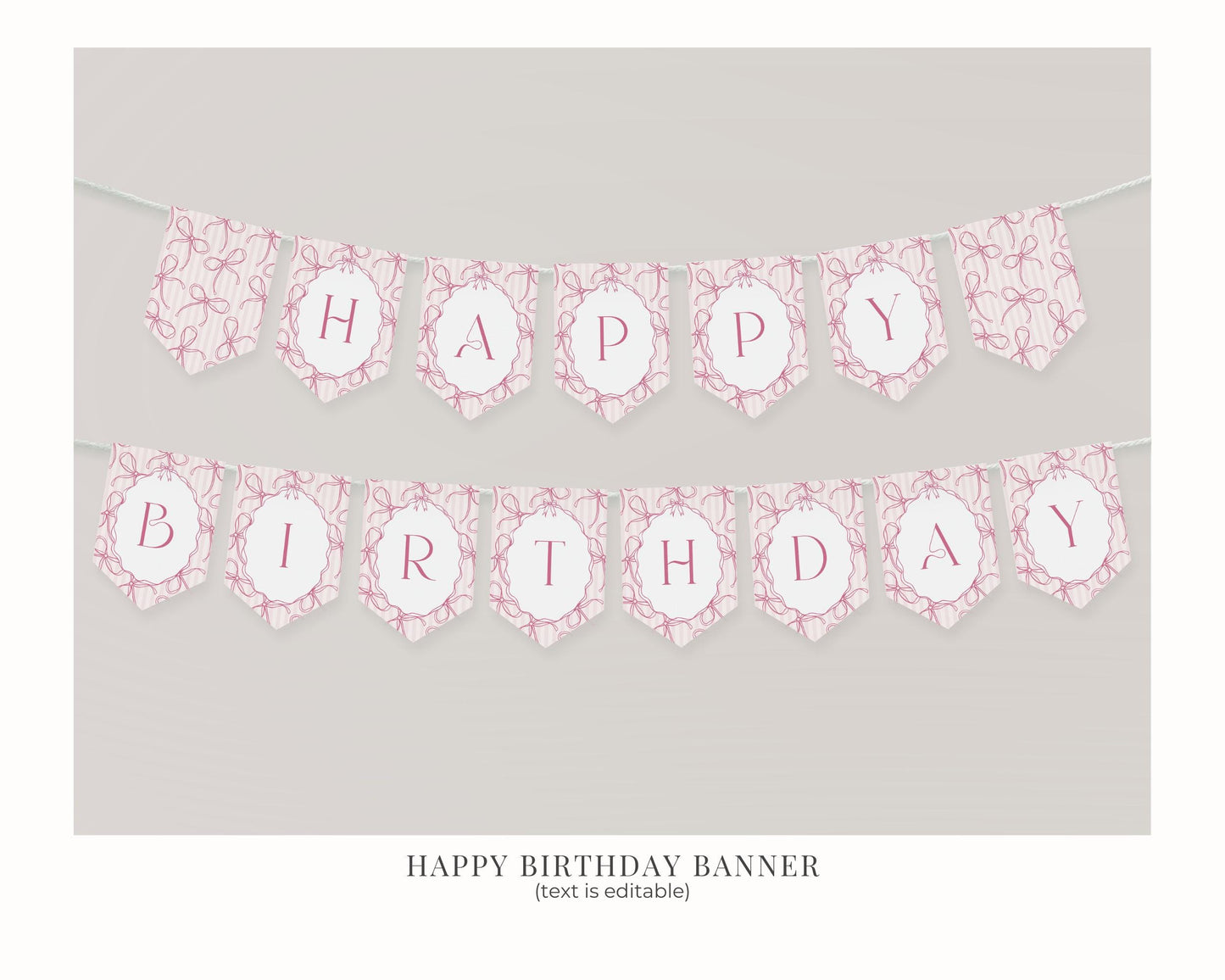 Pink Coquette Bow Birthday Bundle Template, Pastel Pink Grandmillennial Theme Birthday Party with Whimsical Hand Drawn Bows WP1060