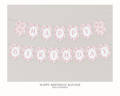 Pink Coquette Bow Birthday Bundle Template, Pastel Pink Grandmillennial Theme Birthday Party with Whimsical Hand Drawn Bows WP1060