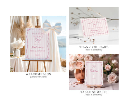 Pink Coquette Bow Bridal Shower Bundle Template, Pastel Pink Grandmillennial Theme Bridal Brunch with Whimsical Tying The Knot Bows WP1060