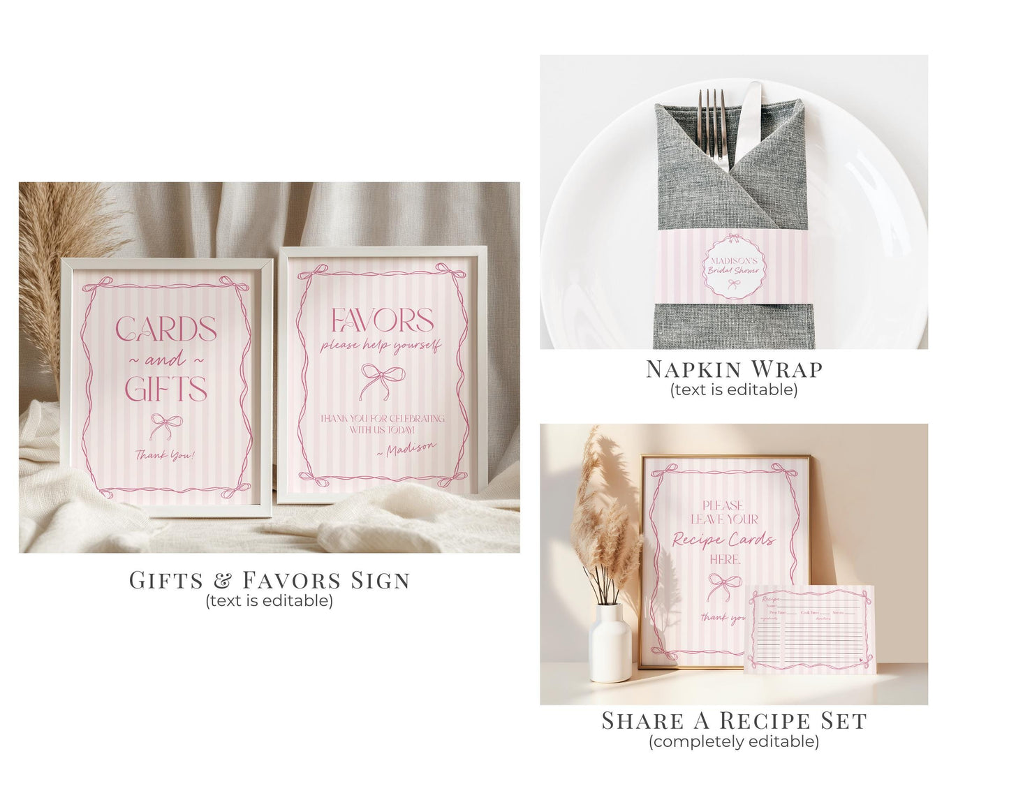 Pink Coquette Bow Bridal Shower Bundle Template, Pastel Pink Grandmillennial Theme Bridal Brunch with Whimsical Tying The Knot Bows WP1060