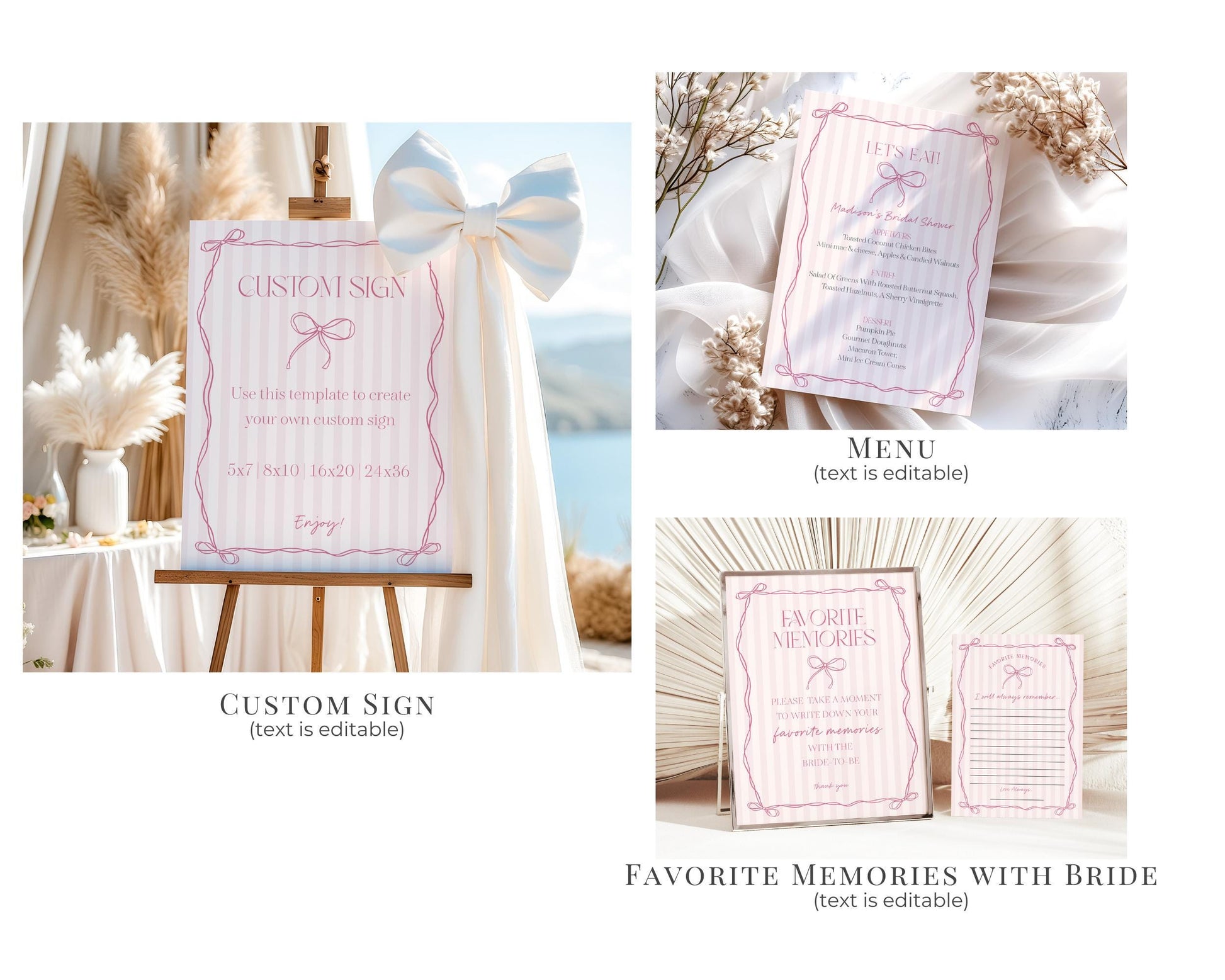 Pink Coquette Bow Bridal Shower Bundle Template, Pastel Pink Grandmillennial Theme Bridal Brunch with Whimsical Tying The Knot Bows WP1060