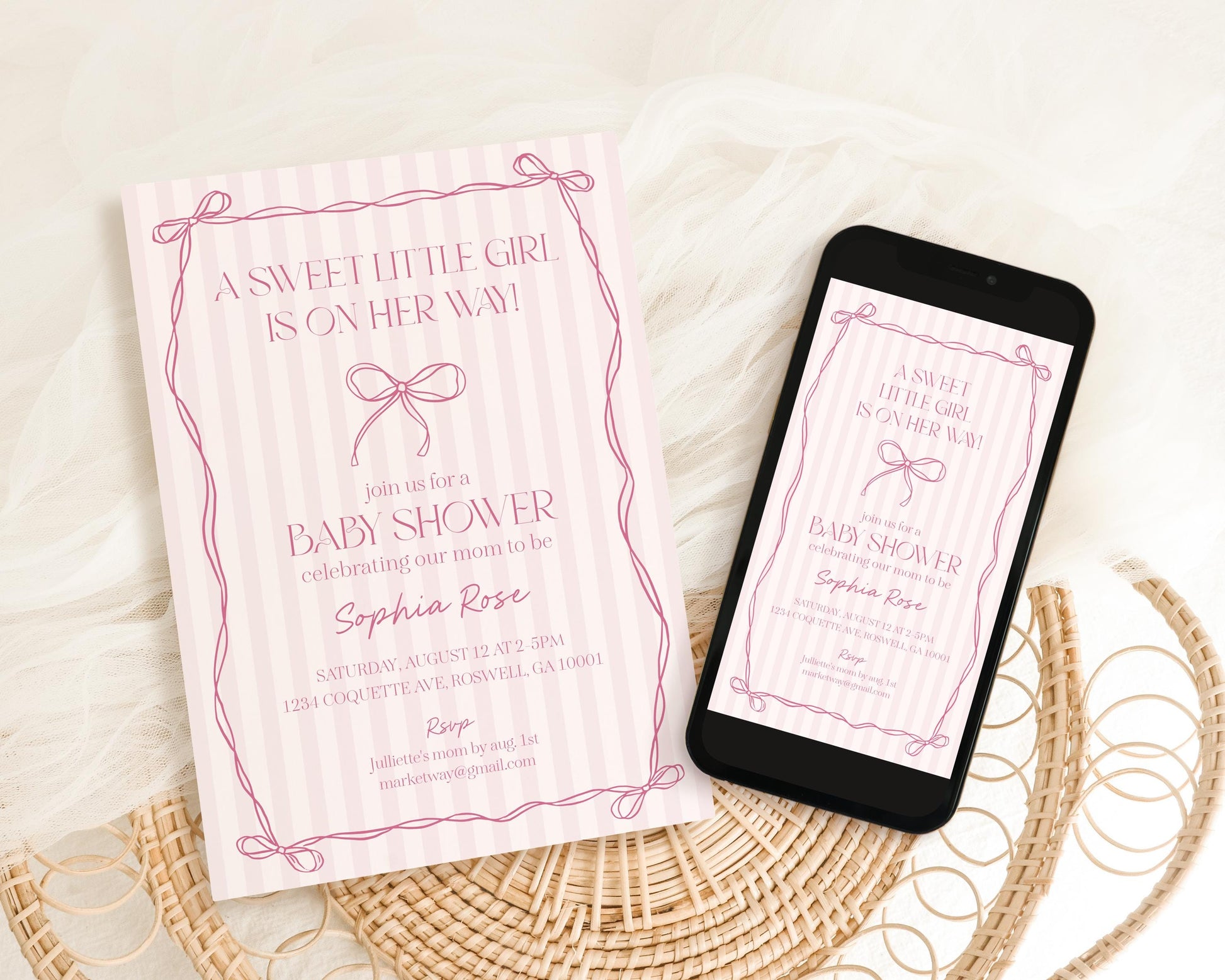 Pink Coquette Bow Baby Shower Invitation Template, Pastel Pink Grandmillennial Theme Baby Sprinkle with Whimsical Hand Drawn Bows WP1060