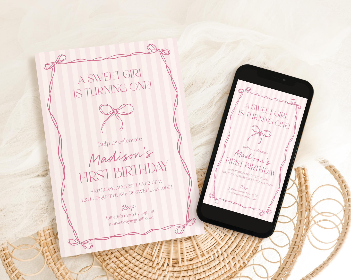 Pink Coquette Bow Birthday Invitation Template, Pastel Pink Grandmillennial Theme 1st Birthday Party with Whimsical Hand Drawn Bows WP1060