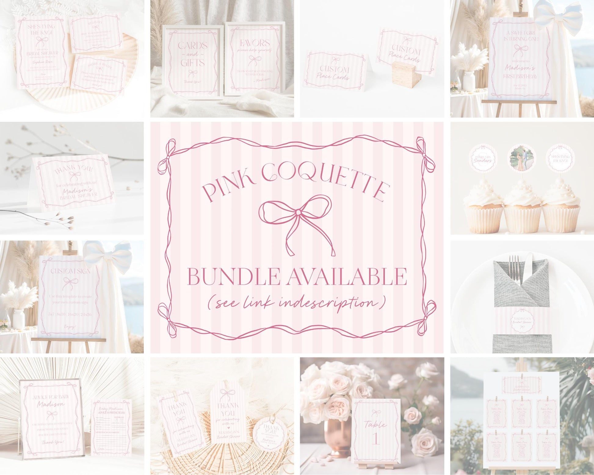 Pink Coquette Bow Place Cards Template, Pastel Pink Baby Shower Theme, Whimsical Tying the Knot Bridal Shower with Whimsical Bows WP1060