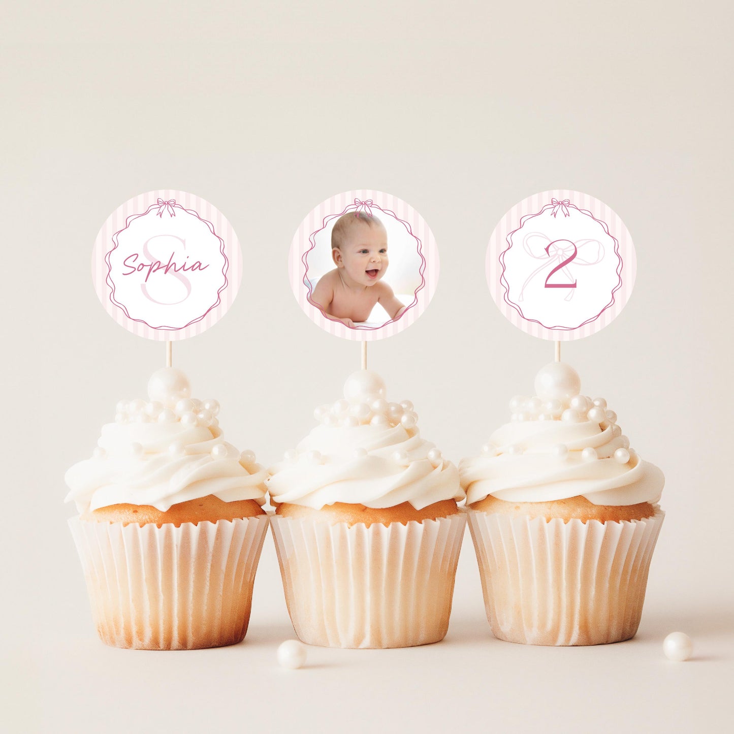 Pink Coquette Bow Birthday Party Cupcake Toppers Template, Pastel Pink Grandmillennial Theme Birthday with Whimsical Hand Drawn Bows WP1060