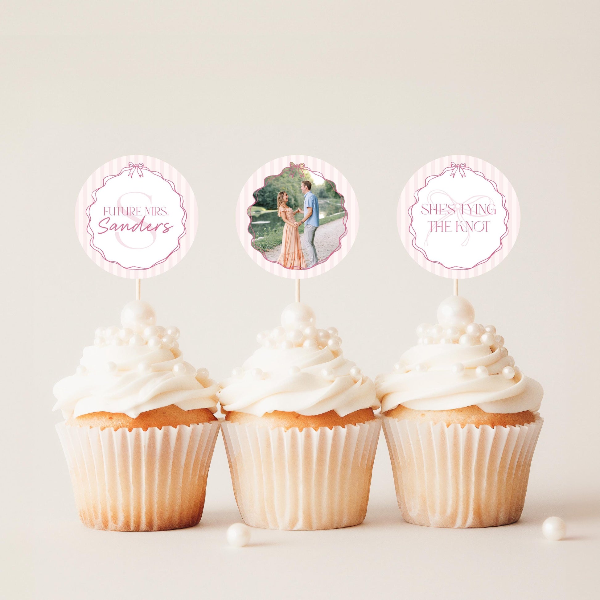 Pink Coquette Bow Bridal Shower Cupcake Toppers Template, Tying the Knot Pastel Pink Grandmillennial Theme Bridal Brunch with Bride WP1060