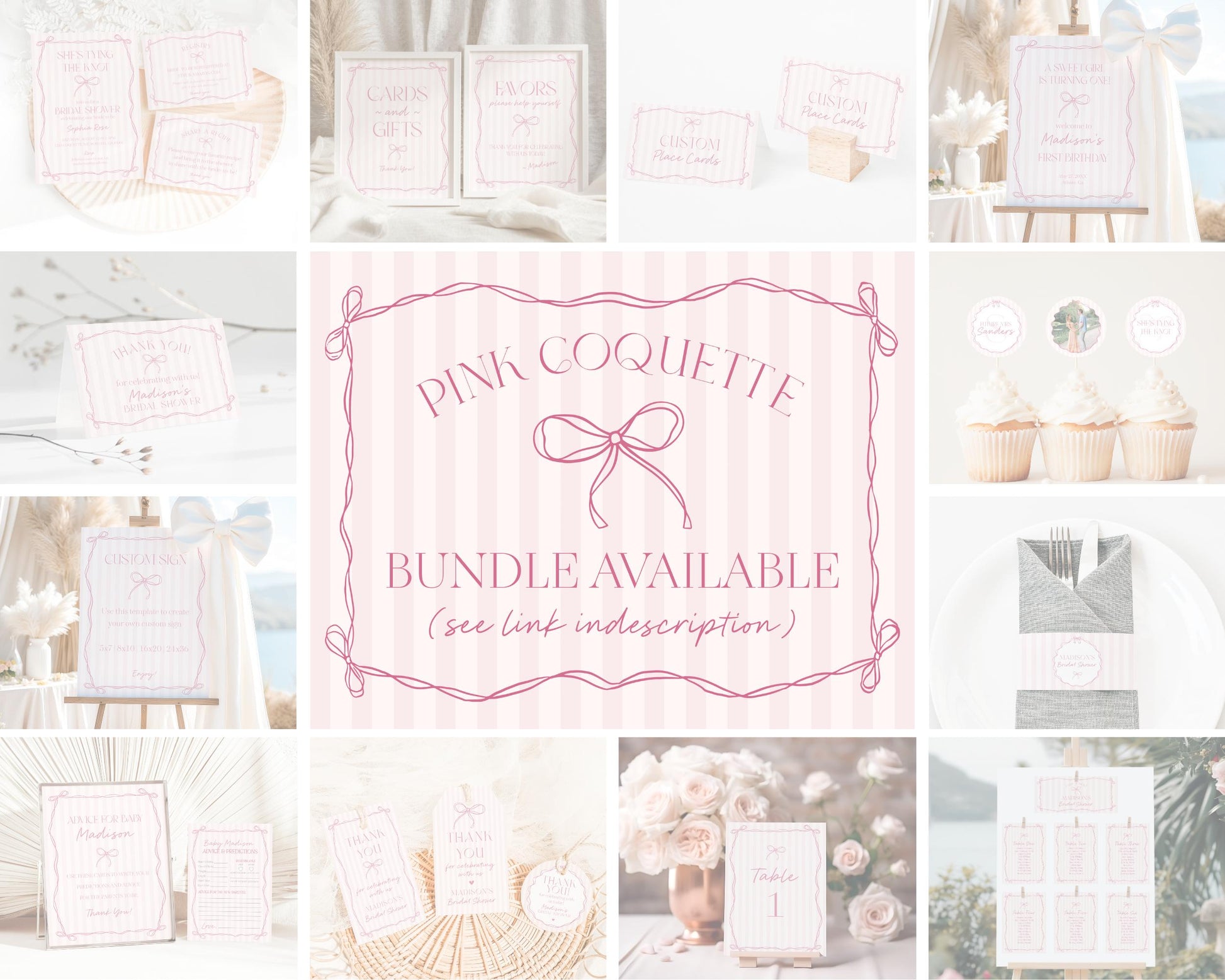 Pink Coquette Bow Bridal Shower Favor Tags Template, Pastel Pink Grandmillennial Theme Bridal Brunch, Whimsical Tying The Knot Bows WP1060