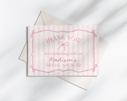 Pink Coquette Bow Thank You Card Template, Pastel Pink Baby Shower Theme, Whimsical Tying the Knot Bridal Shower with Whimsical Bows WP1060