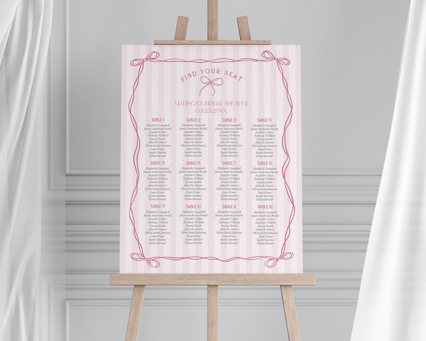 Pink Coquette Bow Seating Chart Cards Template, Pastel Pink Baby Shower Theme, Tying the Knot Bridal Shower, Whimsical Birthday Party WP1060