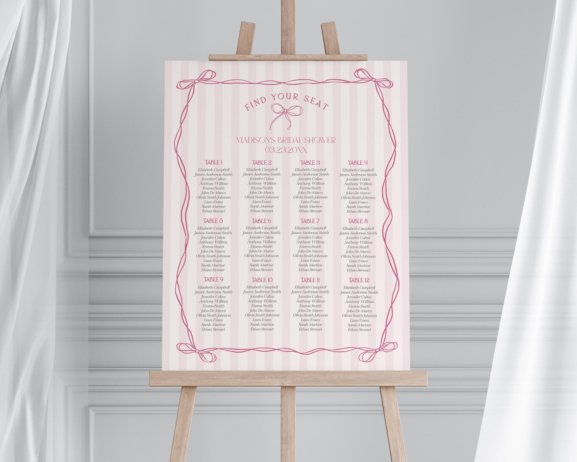 Pink Coquette Bow Seating Chart Cards Template, Pastel Pink Baby Shower Theme, Tying the Knot Bridal Shower, Whimsical Birthday Party WP1060
