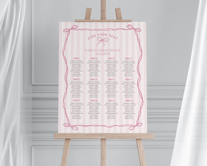 Pink Coquette Bow Seating Chart Cards Template, Pastel Pink Baby Shower Theme, Tying the Knot Bridal Shower, Whimsical Birthday Party WP1060