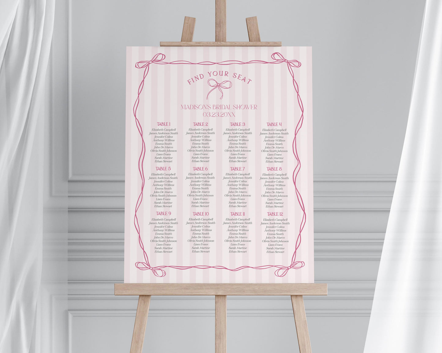 Pink Coquette Bow Seating Chart Template, Pastel Pink Baby Shower Theme, Tying the Knot Bridal Shower, Whimsical Birthday Party WP1060