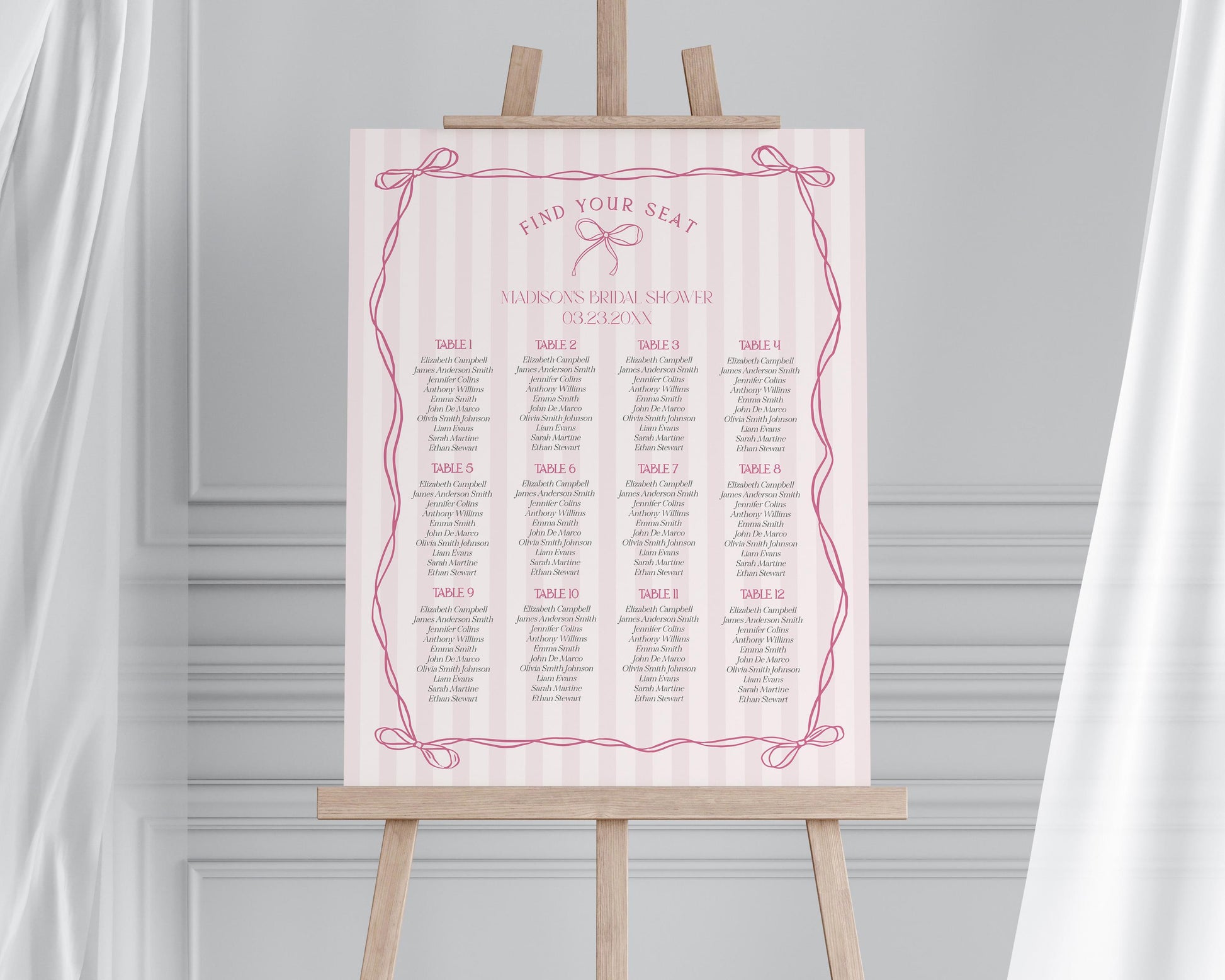 Pink Coquette Bow Seating Chart Template, Pastel Pink Baby Shower Theme, Tying the Knot Bridal Shower, Whimsical Birthday Party WP1060