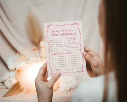 Pink Coquette Bow Advice for Baby Cards Template, Pastel Pink Grandmillennial Theme Baby Sprinkle with Whimsical Hand Drawn Bows WP1060