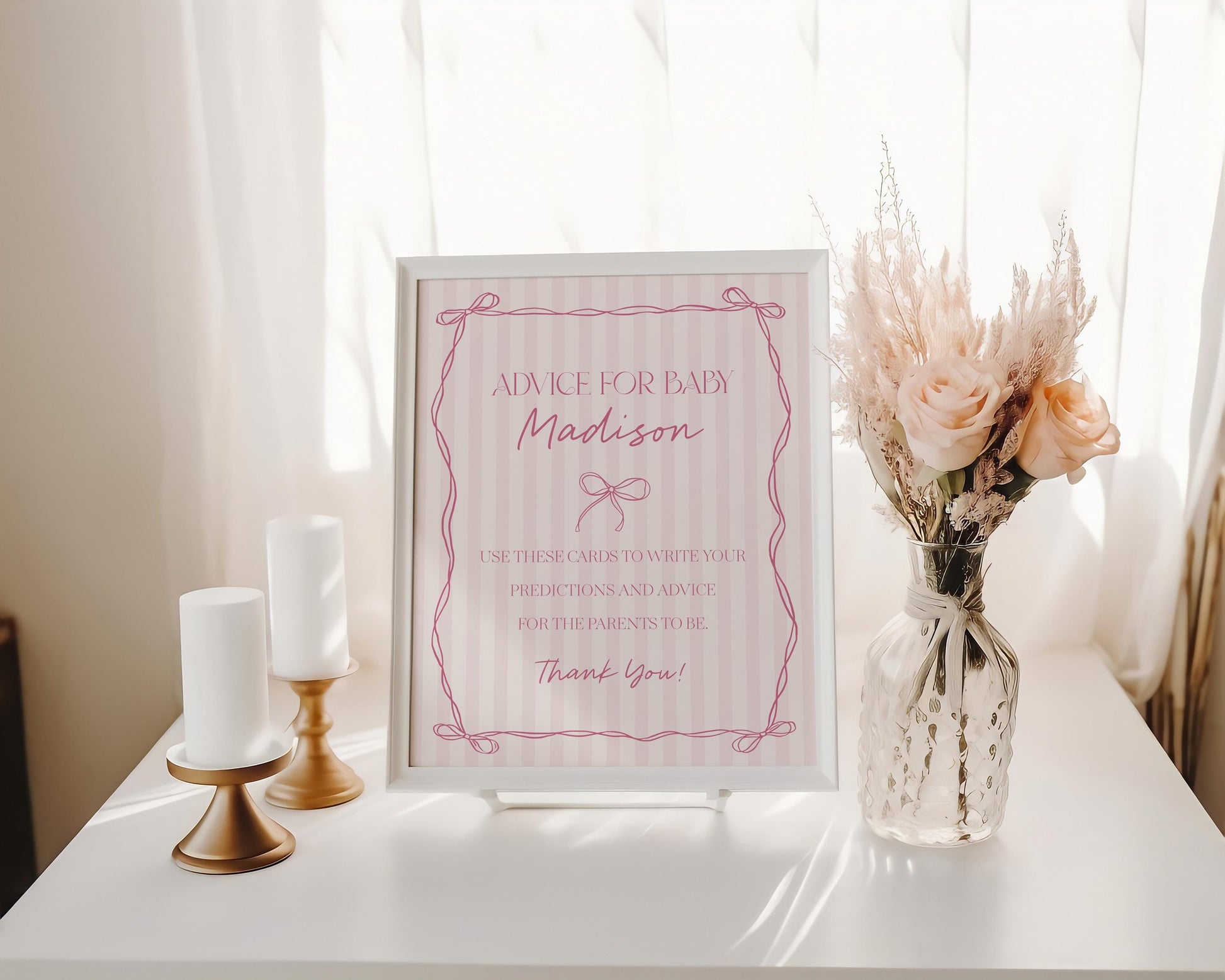 Pink Coquette Bow Advice for Baby Cards Template, Pastel Pink Grandmillennial Theme Baby Sprinkle with Whimsical Hand Drawn Bows WP1060