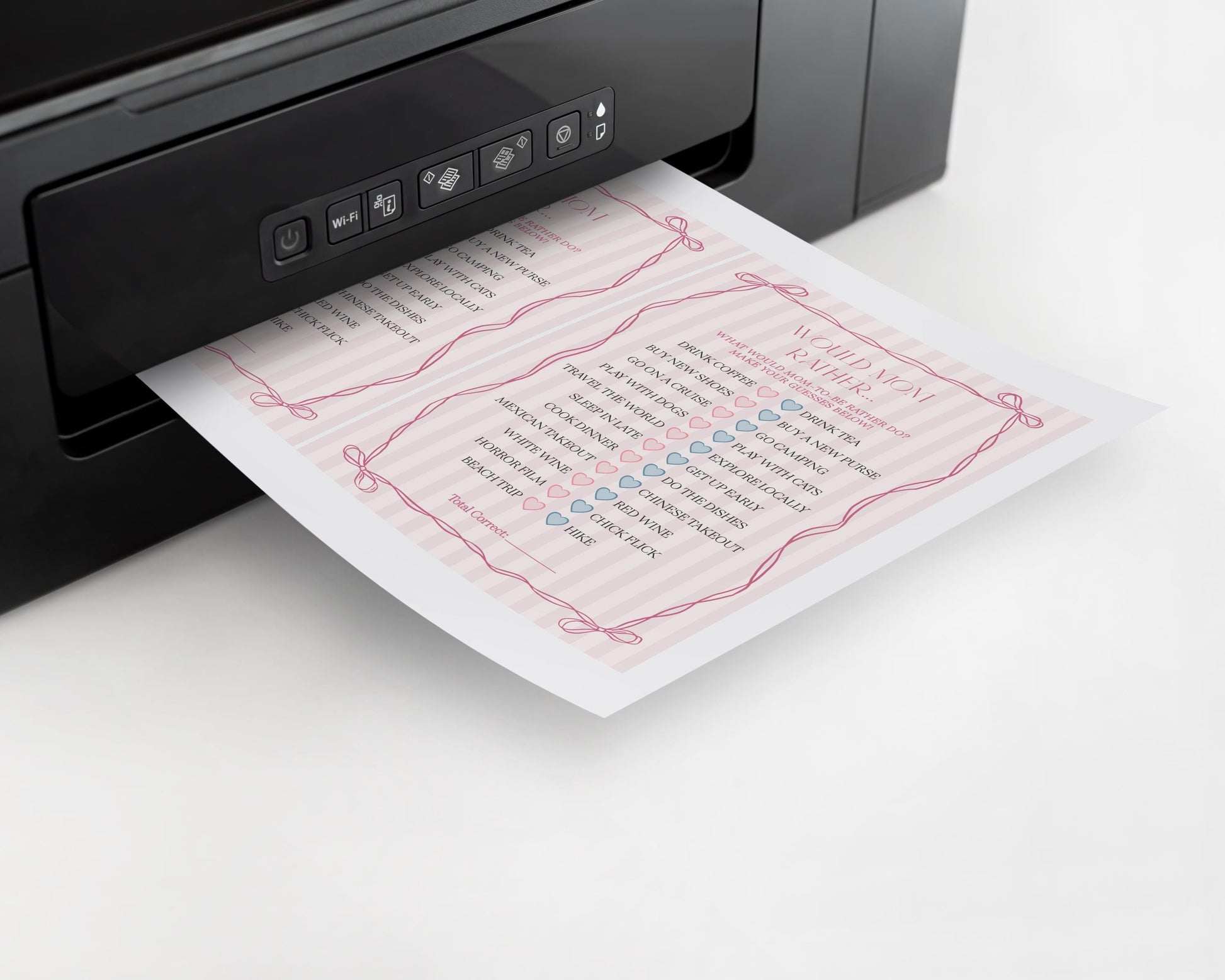 Pink Coquette Bow Baby Shower Games Template, Pastel Pink Grandmillennial Theme Baby Sprinkle with Whimsical Hand Drawn Bows WP1060