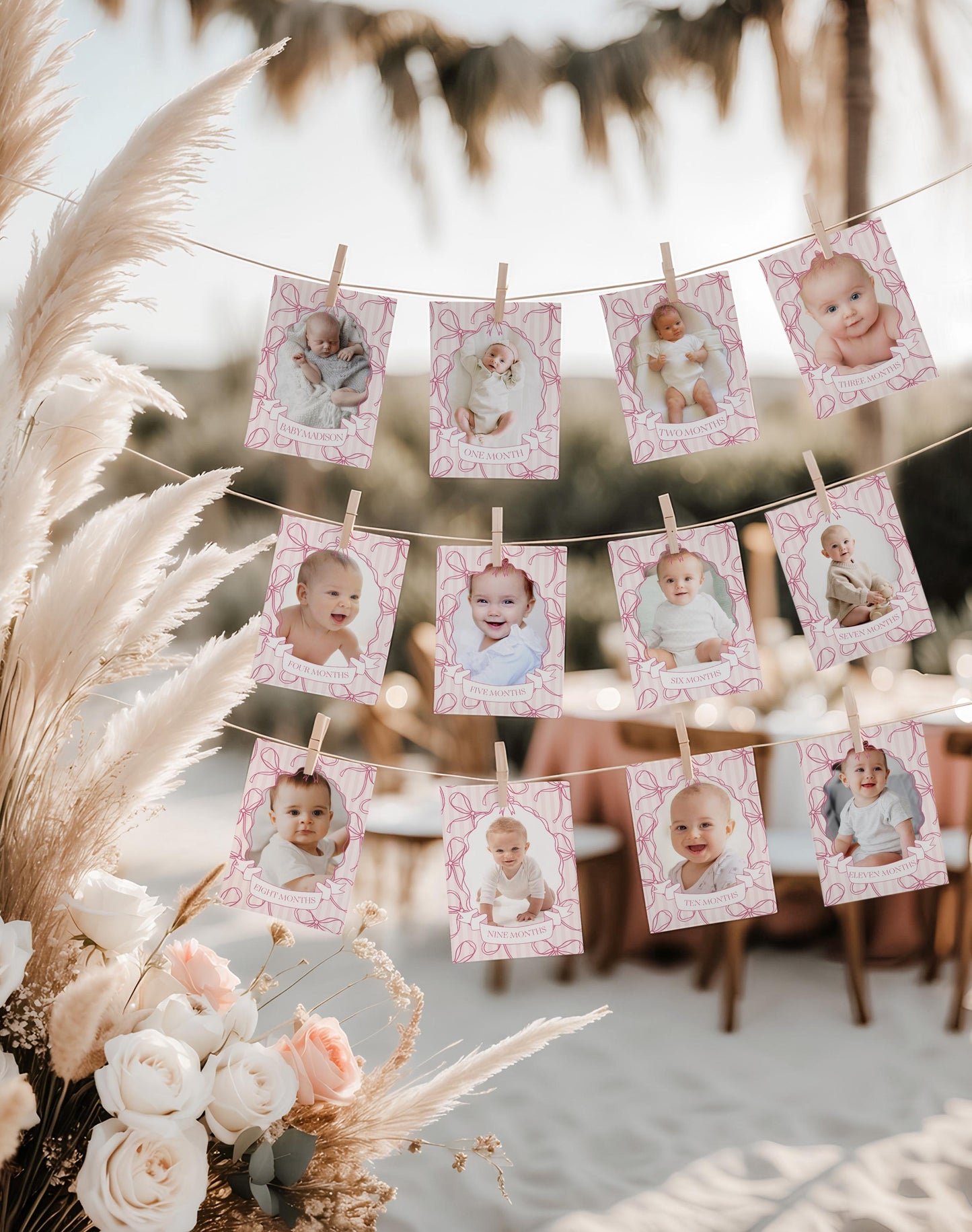 Pink Coquette Bow 1st Birthday Milestone Banner Template, Pastel Pink Grandmillennial Theme 1st Birthday Party Whimsical Bow WP1060