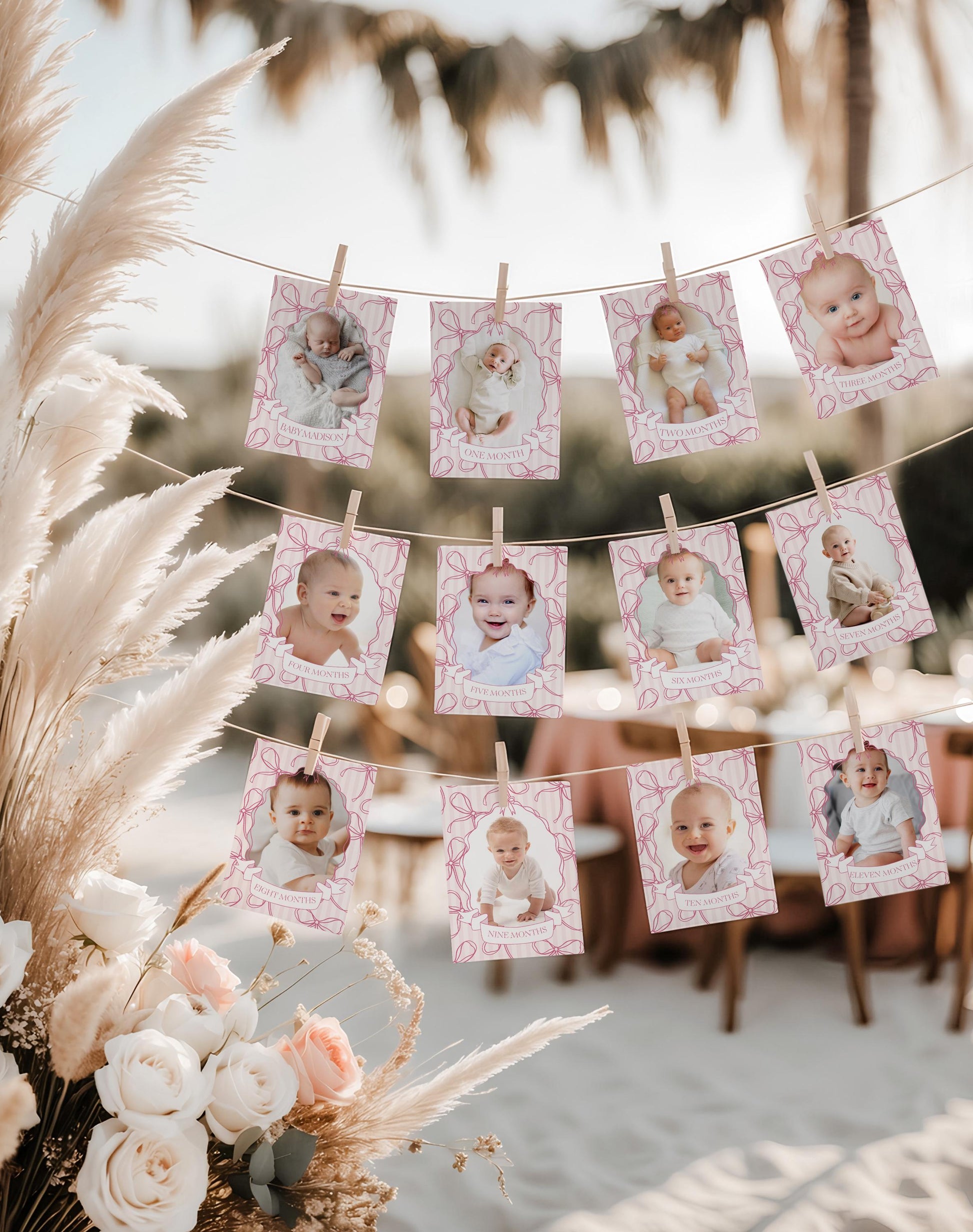 Pink Coquette Bow 1st Birthday Milestone Banner Template, Pastel Pink Grandmillennial Theme 1st Birthday Party Whimsical Bow WP1060